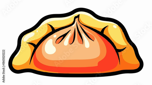 A cartoon-style drawing of a golden-yellow dumpling with a plump, red-orange filling
