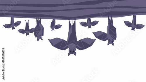 A cluster of purple bats hangs upside down from a branch against a white background