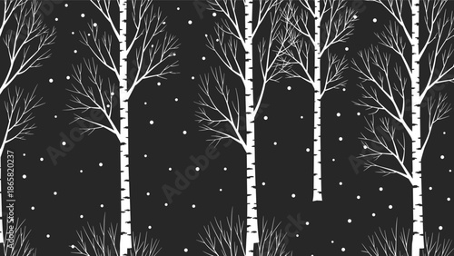 Minimalist winter birch forest illustration with falling snow, black and white nature background, serene woodland landscape seasonal design art graphic image