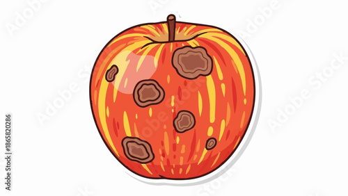 A cartoon-style drawing of a red and yellow apple with brown spots