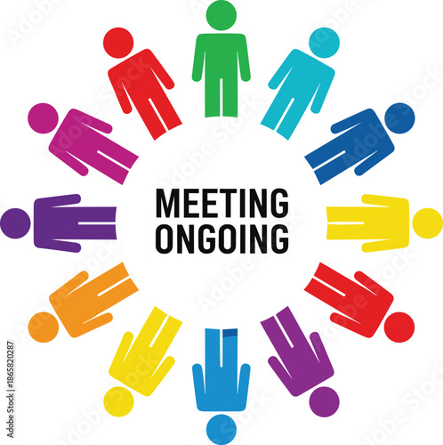 Colorful people icons in circle showing “Meeting Ongoing” sign, teamwork collaboration communication business conference workplace discussion and corporate notice illustration