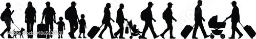 Silhouette crowd of traveling people and families walking with luggage, backpacks, children and strollers, journey migration tourism concept illustration