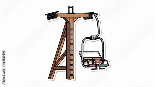 A cartoon-style illustration of a ski lift tower with a single chair hanging