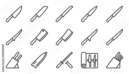 Diverse collection of kitchen knife line icons showing various cutlery types for cooking, including a chef's knife, cleaver, bread knife, sharpening steel, and knife block set