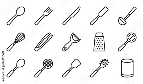 Collection of black line art kitchen utensil icons including a spoon, fork, knife, grater, and whisk in a simple minimalist style for cooking and food preparation concepts