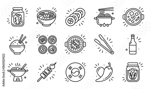 Korean food and culture icon collection showing traditional dishes like kimchi, bibimbap, bbq, and noodles in a simple black and white line art style for culinary design