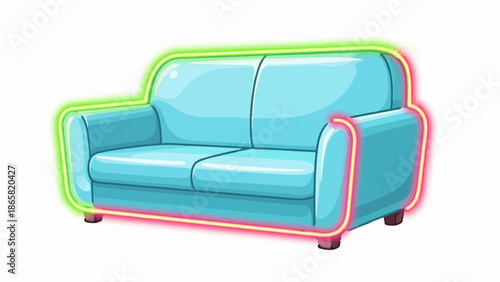 A cartoon-style, light blue sofa with a vibrant neon glow outline in green and red