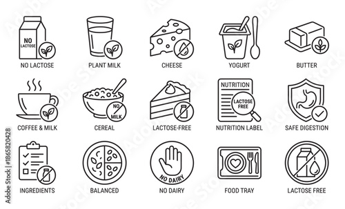 Lactose free and dairy free food icons set in a simple black line art style, including symbols for plant milk, safe digestion, nutrition labels, and allergen free products