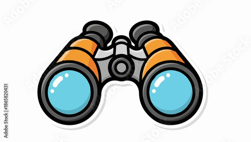 A cartoon-style pair of orange and gray binoculars with bright blue lenses is centered on a white background