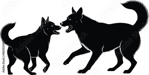 Silhouette illustration of two aggressive dogs confronting each other, barking with raised tails, showing wild canine conflict and dominant behavior