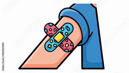 A cartoon arm with a blue sleeve has a colorful bandage with patterns on it