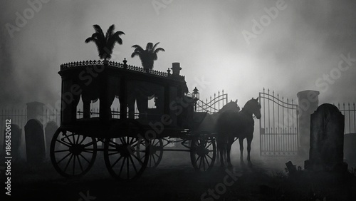 Horse-drawn hearse in a spooky graveyard at night. Victorian Gothic funeral procession scene for horror stories and Halloween.