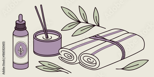 Relaxation elements featuring essential oil bottle reed diffuser rolled towels and delicate botanical leaves suggest a calming spa treatment environment