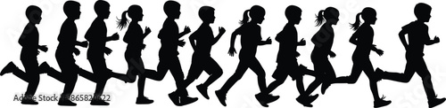 Silhouette of group of children running together, active kids jogging illustration, youth fitness, teamwork and outdoor exercise concept