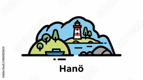 A charming cartoon depicts a lighthouse and island, with a boat sailing nearby