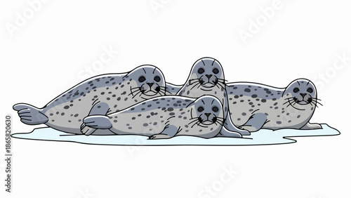 A charming cartoon illustration of a family of spotted seals resting on an ice floe