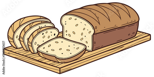 Charming illustration of a freshly baked loaf of white sandwich bread partially sliced on a rustic wooden cutting board ready for consumption.