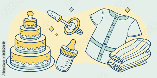 Illustration collection featuring a celebratory tiered cake baby bottle pacifier onesie and folded blankets perfect for baby shower themes