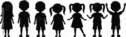 Silhouette of group of children standing together, boys and girls in different poses, kid figures illustration for education, childhood and family design