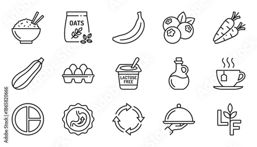 Set of black line art icons representing healthy food, nutrition, and dietary concepts like fruits, vegetables, grains, lactose-free products, and digestion symbols in a clean, minimalist style
