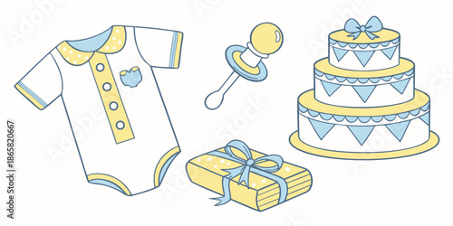 Collection of soft baby shower celebration elements featuring a tiered cake a onesie a rattle and a wrapped gift using pastel yellow and blue