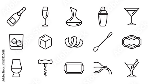 Collection of minimalist black outline icons for alcoholic beverages and bartending, featuring a wine bottle, cocktail glass, shaker, decanter, and other bar equipment symbols