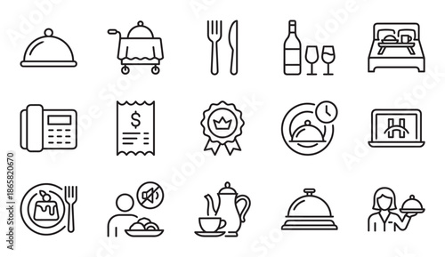 Set of black line icons for hotel room service and hospitality, featuring a cloche, waitress, breakfast in bed, and other restaurant symbols in a minimalist vector style