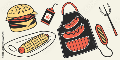 Illustrated collection of barbecue essentials including a delicious cheeseburger corn on the cob and grilling tools for a festive outdoor feast