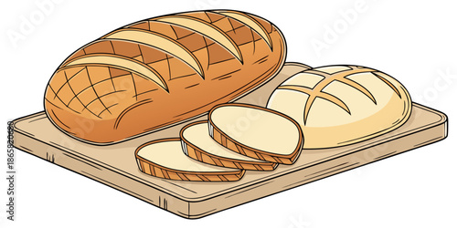 Illustration of freshly baked loaves of artisanal bread including a large baguette style loaf and a round cob loaf resting on a wooden cutting board surface.