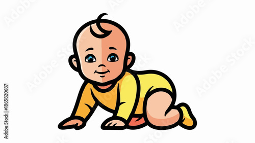 A cartoon baby with blue eyes and a yellow onesie is crawling