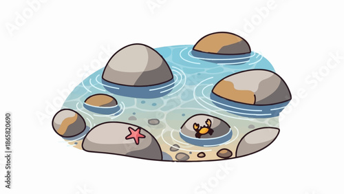A charming cartoon illustration of smooth, rounded rocks partially submerged in clear, shallow blue water