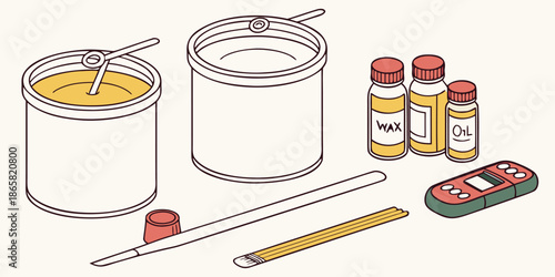 Collection of tools and supplies for a professional body waxing service including wax pots sticks and skin preparation oils for beauty treatments