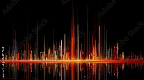 Abstract cityscape ablaze, reflecting in water, against black background, ideal for posters