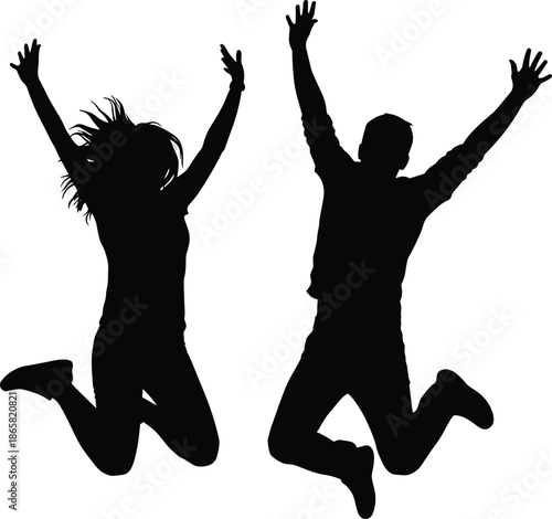 Silhouette of joyful couple jumping in air celebrating happiness, success and freedom, energetic man and woman expressing excitement and positive emotion