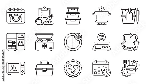 Set of black line icons for meal preparation showing concepts like planning, cooking, storage, nutrition, and portion control for a healthy lifestyle and diet management
