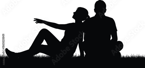 Silhouette of man and woman sitting on grass relaxing outdoors, romantic couple illustration showing love, peace, nature and calm moment