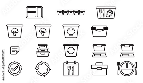 Meal prep and food storage icon set with lunch boxes, containers, and healthy eating symbols in a clean black line art style for diet and nutrition concepts