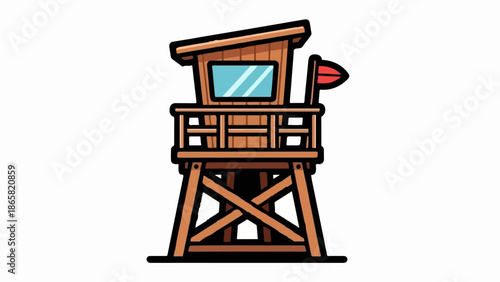 A cartoon-style wooden lifeguard tower with a red flag stands tall against a white background