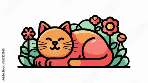 A charming illustration of a contented cat napping peacefully amidst a vibrant garden of blooming flowers and lush green foliage, all rendered in a flat, stylized graphic art style