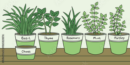 Collection of six potted culinary herbs including basil thyme rosemary mint parsley and chives ready for indoor gardening or cooking applications