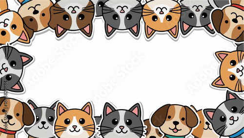 A cheerful border of cartoon cats and dogs with soft shadows against a white background
