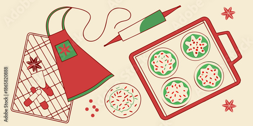 A festive holiday baking scene displays decorated cookies on a sheet pan next to a red Christmas apron and various tools.