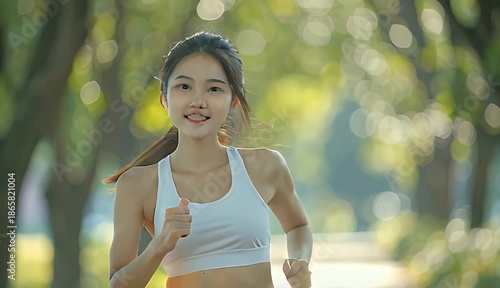 Fit Asian Woman Running Outdoors On Sunny Day Wearing White Sports Bra And Black Shorts With Trees And Bokeh Background
