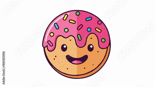 A cheerful cartoon donut with pink icing and colorful sprinkles, smiling happily