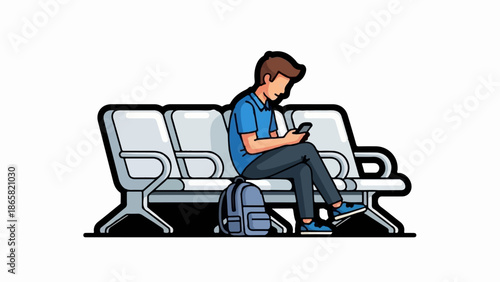 A person sits in a waiting area using their phone with a backpack nearby