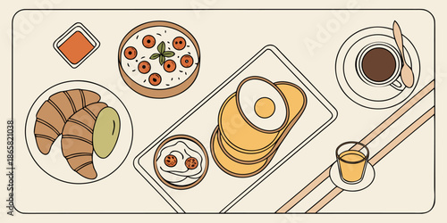 Overhead view illustration showcasing a diverse and aesthetically pleasing breakfast spread featuring croissants pancakes and coffee arranged on a table surface