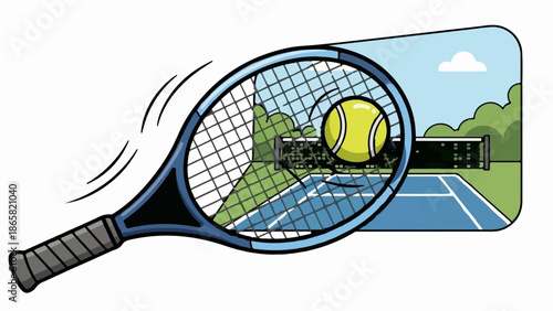 A blue tennis racket swings, a yellow ball poised on its strings over a court