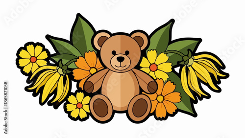 A cartoon bear sits amidst vibrant yellow and orange flowers and green leaves