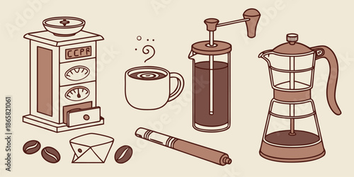 Collection of illustrated coffee brewing tools including a grinder a French press a moka pot and a steaming beverage ready for enjoyment