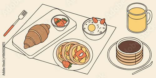 Isometric illustration depicting a delicious, wholesome breakfast spread featuring croissants pancakes coffee and fresh fruit arranged neatly on a surface